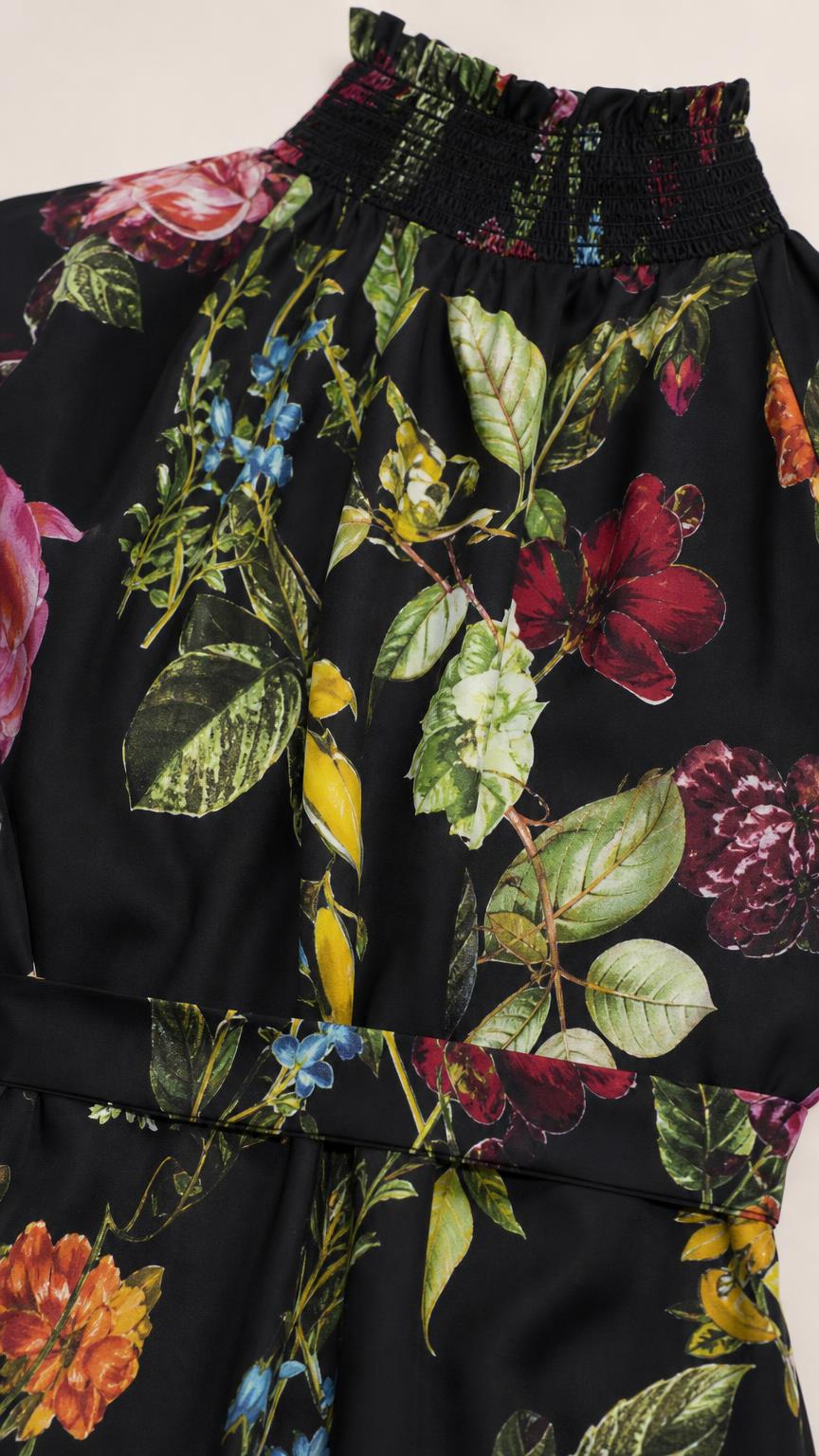 Close-up of smocked halter neckline and floral fabric detail