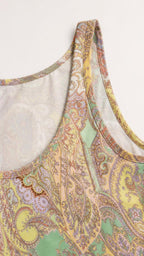 Close-up of paisley print and neckline detail