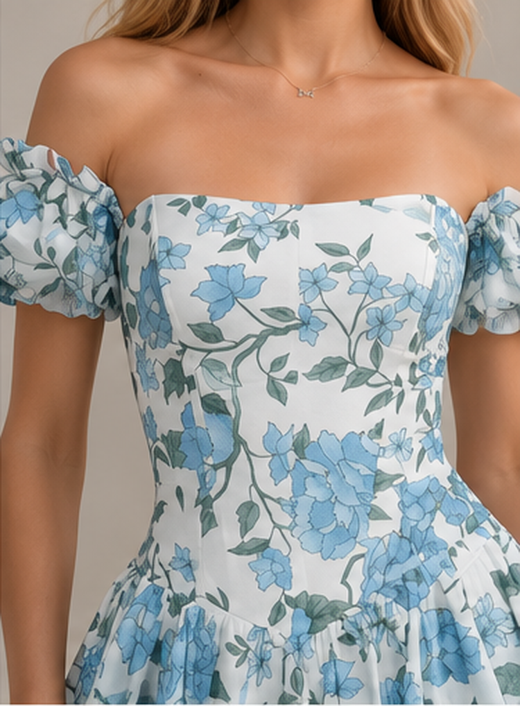 Close-up of sky blue floral print off shoulder bodice and puff sleeve detail