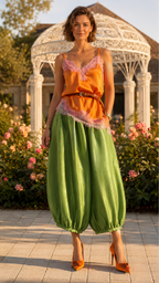 Orange and green lace trim cami jumpsuit full length front view