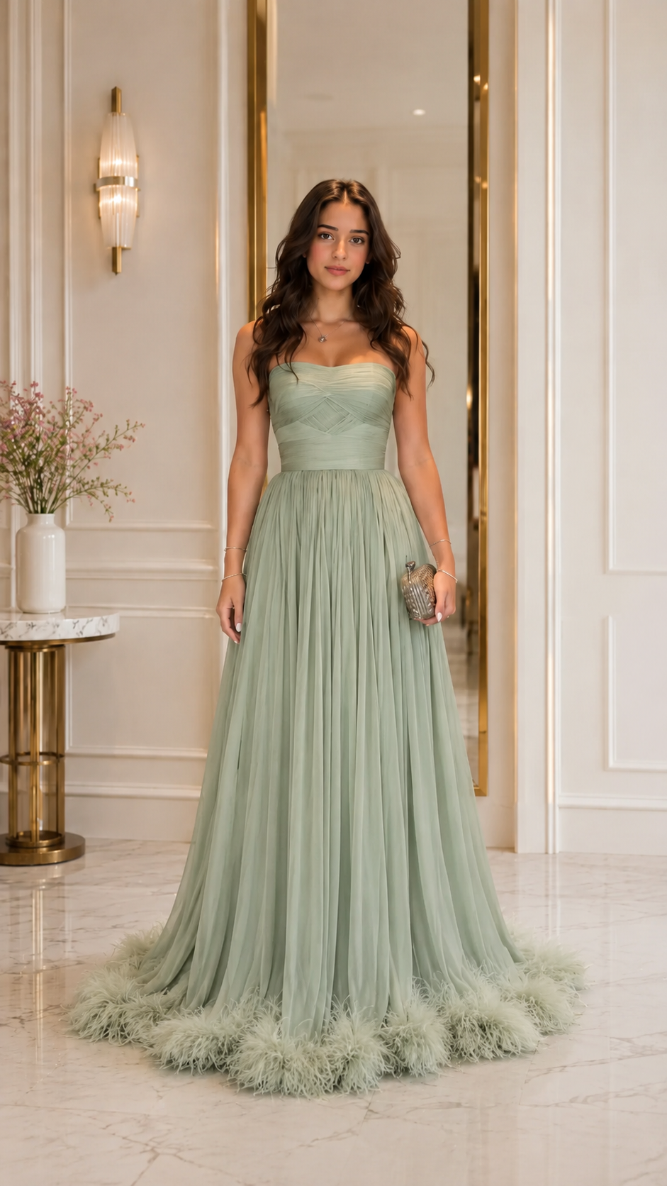 Front view of sage strapless pleated gown with feather hem