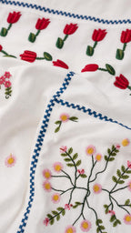 Close-up detail of floral embroidery and patchwork pattern