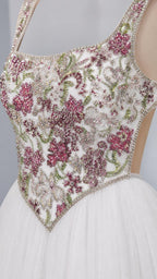 Close-up detail of beaded and embroidered sweetheart bodice
