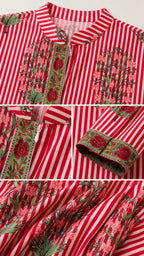 Close-up details of collar, embroidery, and cuffs on red striped dress