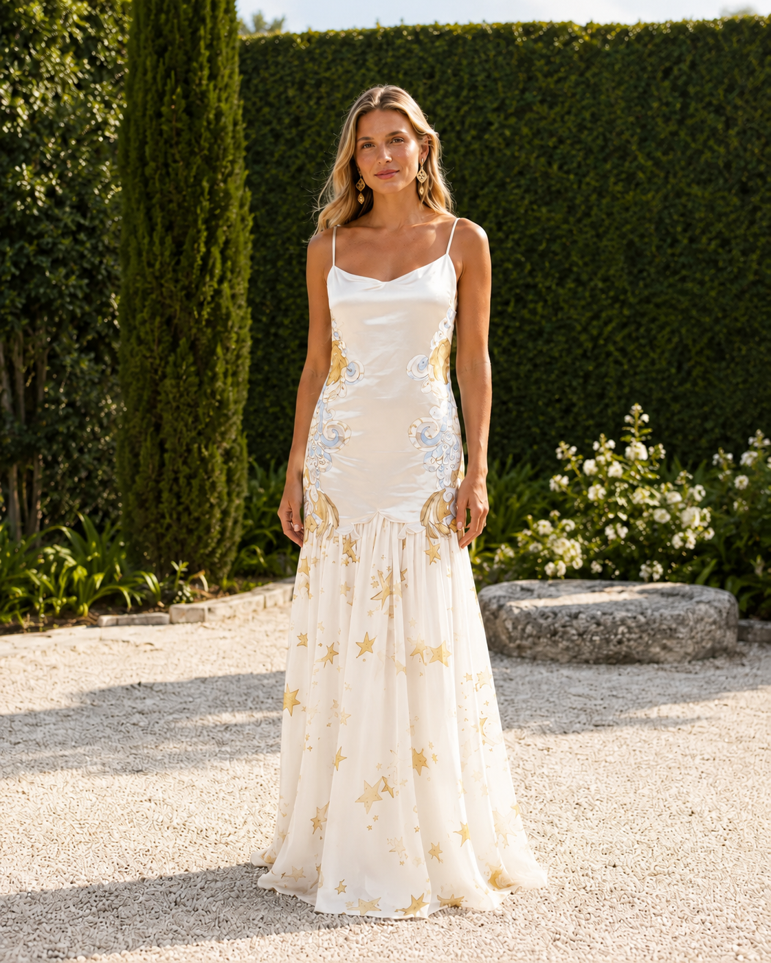 Ivory embroidered satin-look mermaid maxi dress with soft draped neckline front view
