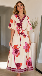 Close front view of cream floral V-neck maxi dress with contrast trim and waist tie