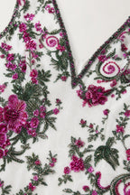 Close-up detail of floral beadwork and embroidery