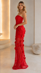 Side view of red strapless floral lace sheer mesh maxi dress