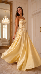 Champagne evening ball gown with embellished bodice and voluminous satin-look skirt