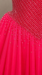 Close-up detail of beaded bodice and tulle texture