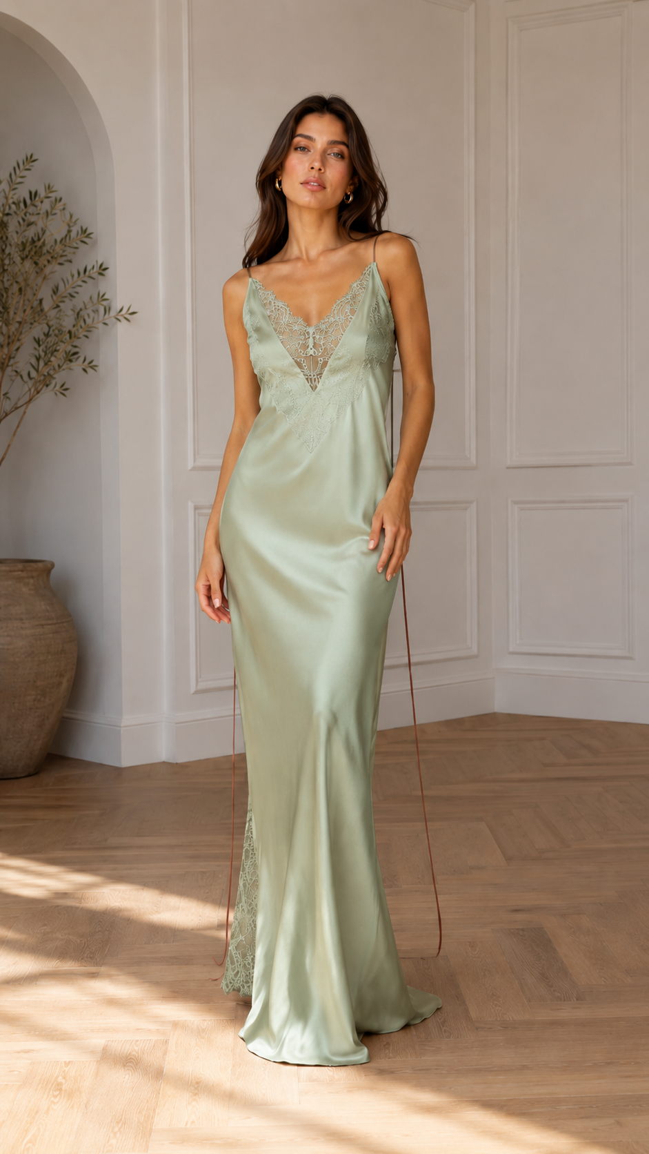 Front view of sage green lace trim satin slip maxi dress