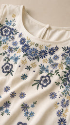 Close up of floral embroidery detail on neckline