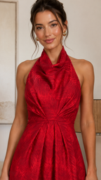 Close-up of red textured halter neckline and pleated waist detail