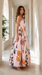 Side view of blush pink floral maxi ball gown with full structured skirt