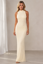 Front view of ivory body-skimming textured mermaid gown