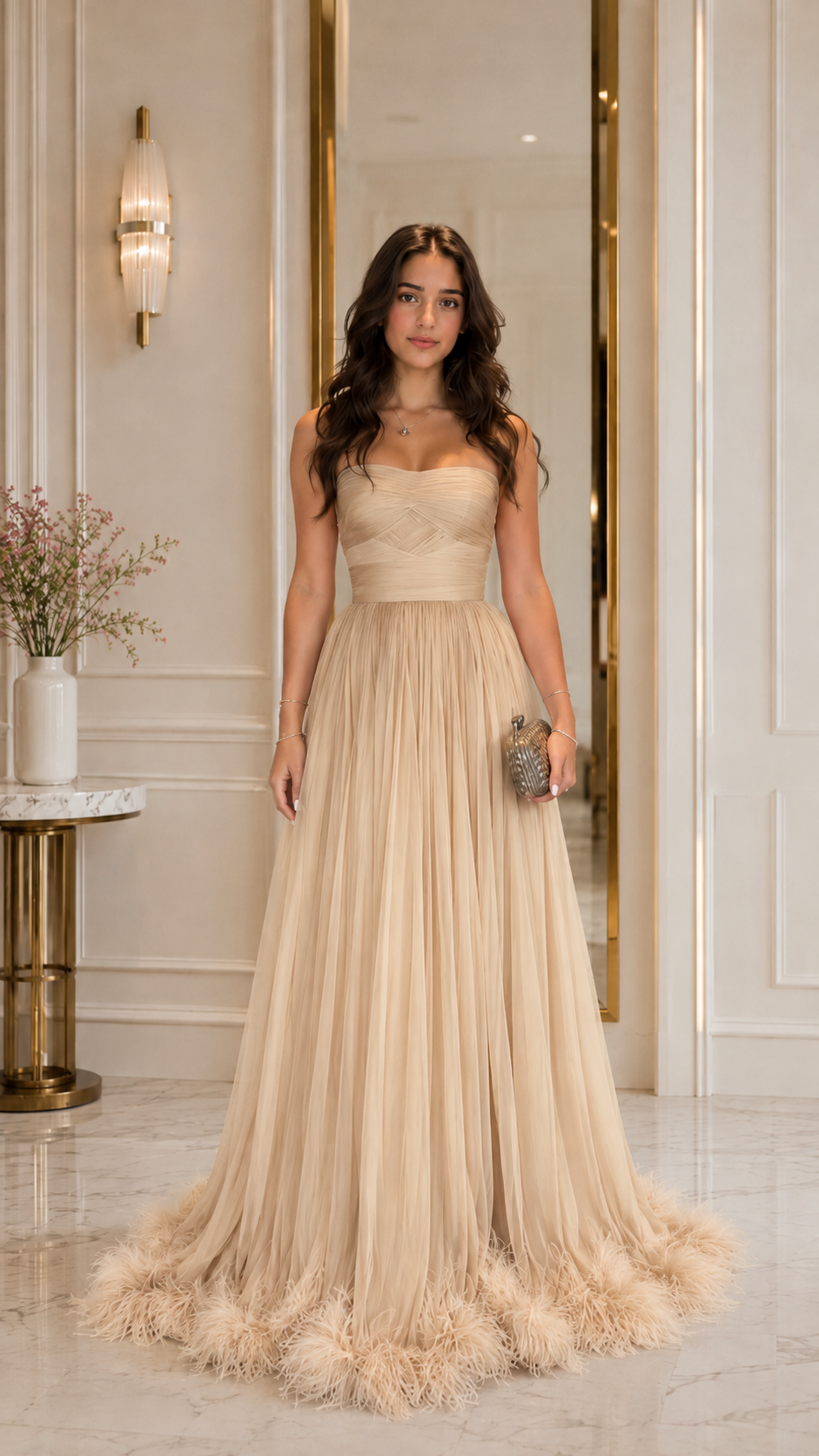 Front view of champagne strapless evening dress with pleated skirt and feather trim