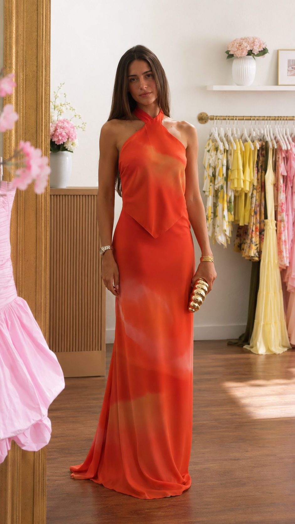 Front view of red orange ombre halter neck maxi dress with smooth body-skimming fit