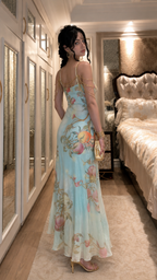 Sky blue floral lace trim satin-look slip maxi dress back view