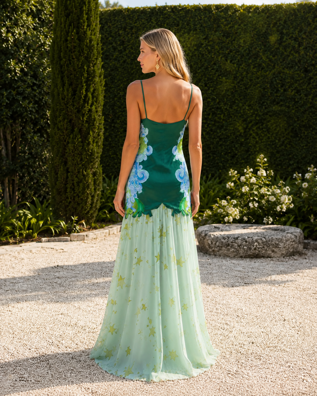 Emerald green and mint two-tone embroidered slip maxi dress back view