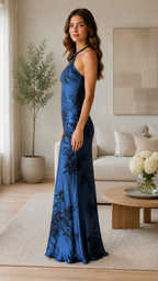 Slate blue floral satin-look maxi dress side view