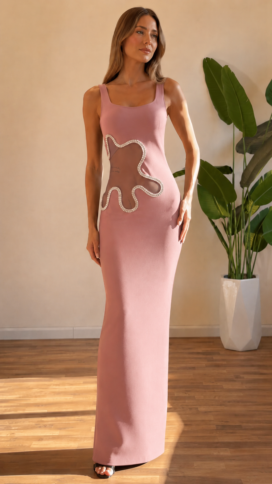Front view of blush pink square neck maxi dress with contrast-trimmed side cutout