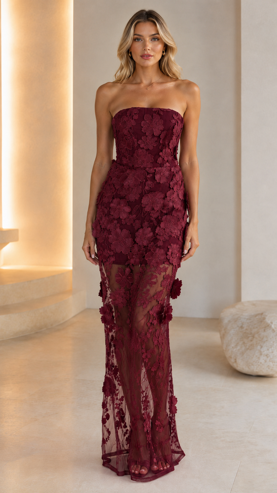 Front view of burgundy strapless floral lace sheer mesh maxi dress
