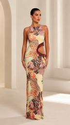 Floral print halter bodycon maxi dress with fringe-trim cutout front view