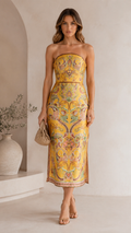 Front view of marigold strapless fitted midi dress
