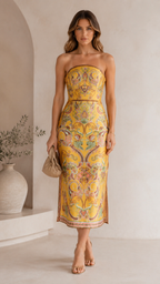 Front view of marigold strapless fitted midi dress