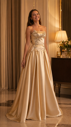 Champagne formal dress with straight neckline and ornate embellished bodice