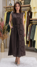 Women's brown sleeveless midi dress with tonal circle detailing and flowing midi length front view