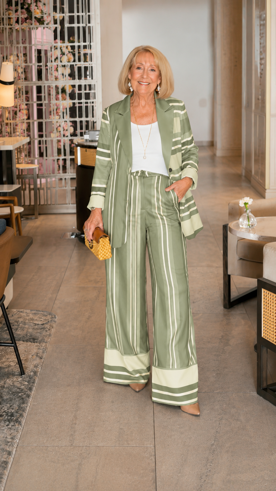Woman wearing a sage green striped blazer and matching wide-leg pants with wide hem detail
