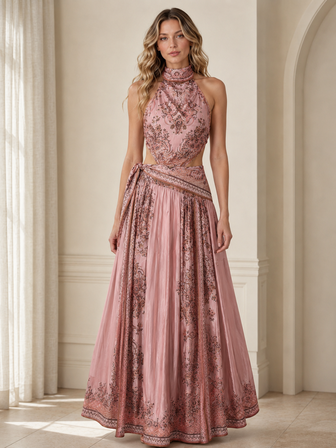 Front view of dusty rose halter cutout maxi dress with border print detailing