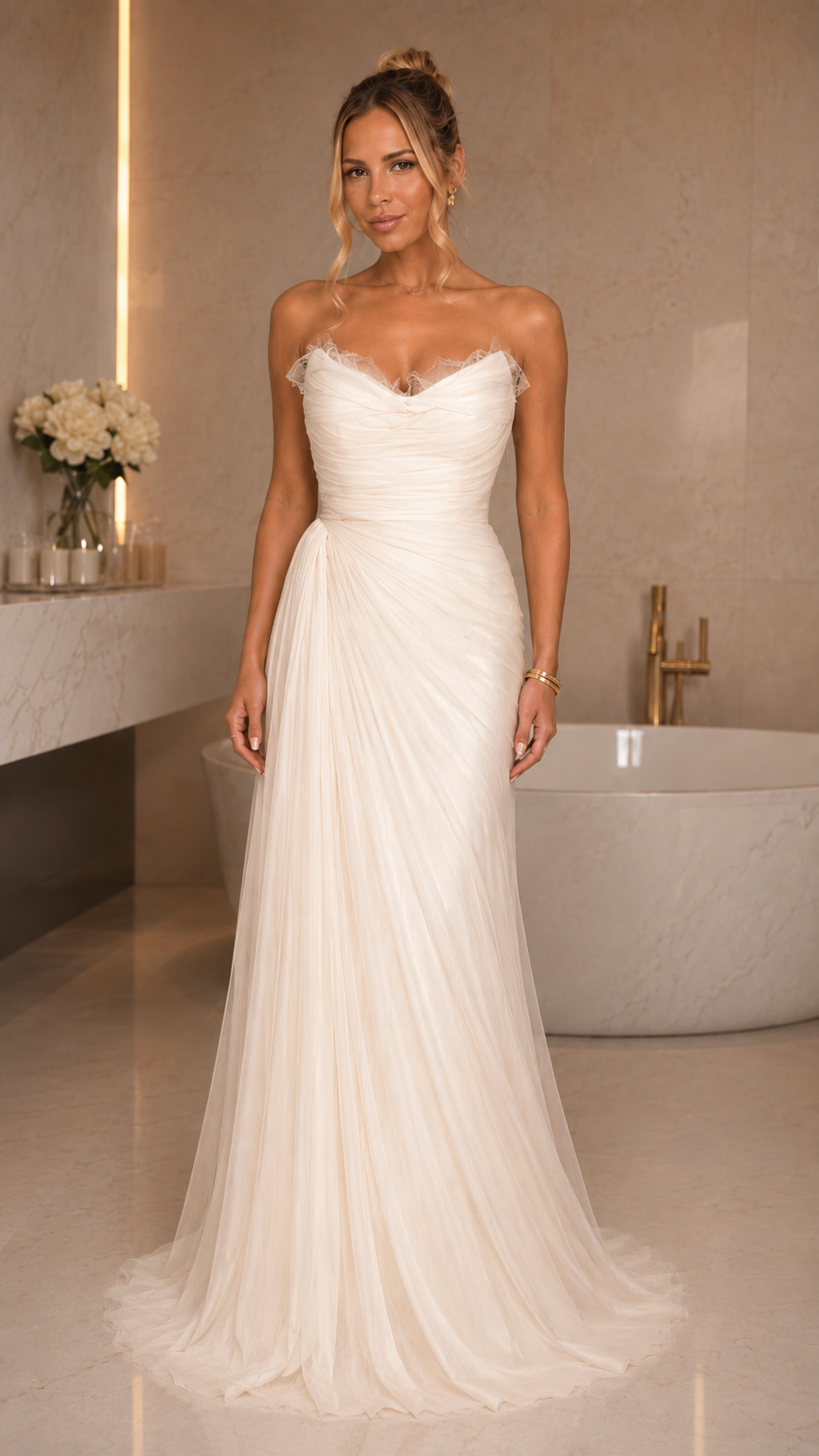 Front view of white strapless ruched formal gown with soft draped silhouette
