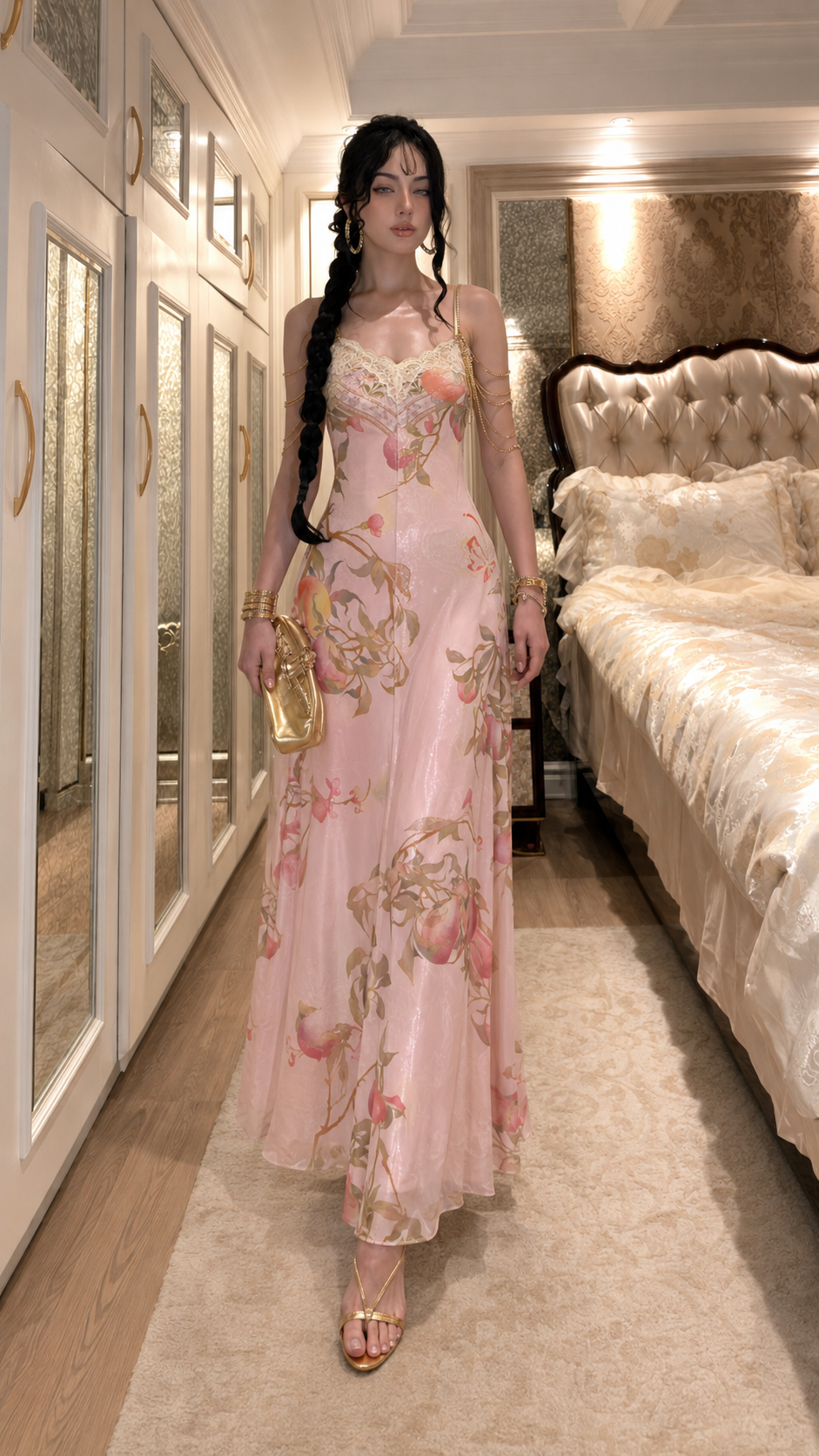 Pink floral lace trim satin-look slip maxi dress front view
