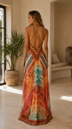 Back view of sunset multicolor open-back halter maxi dress