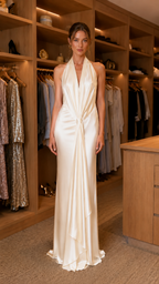 Front view of champagne satin-look formal gown with floor-length hem