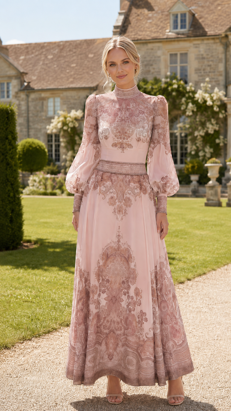 Front view of blush pink high neck maxi dress with ornate print and flowing full-length skirt
