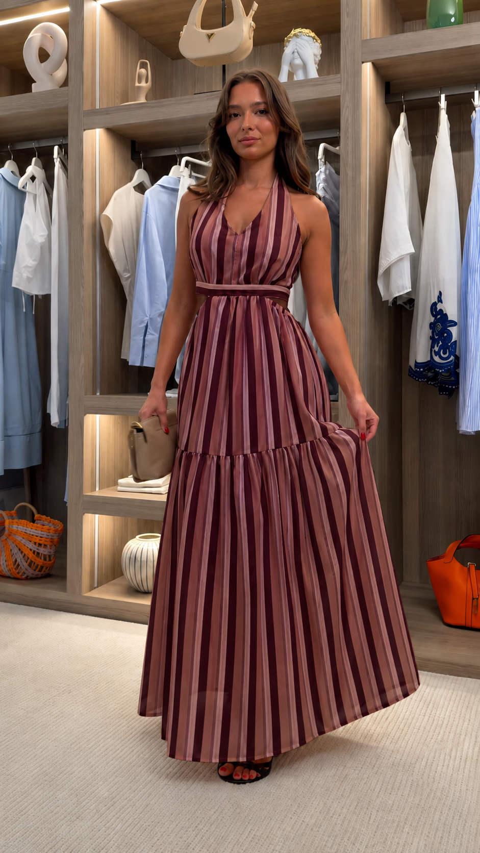 Wine striped halter neck tiered maxi dress front view