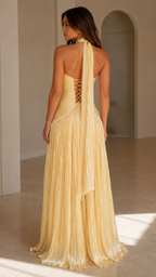 Butter yellow pleated halter maxi gown back view with lace-up back detail