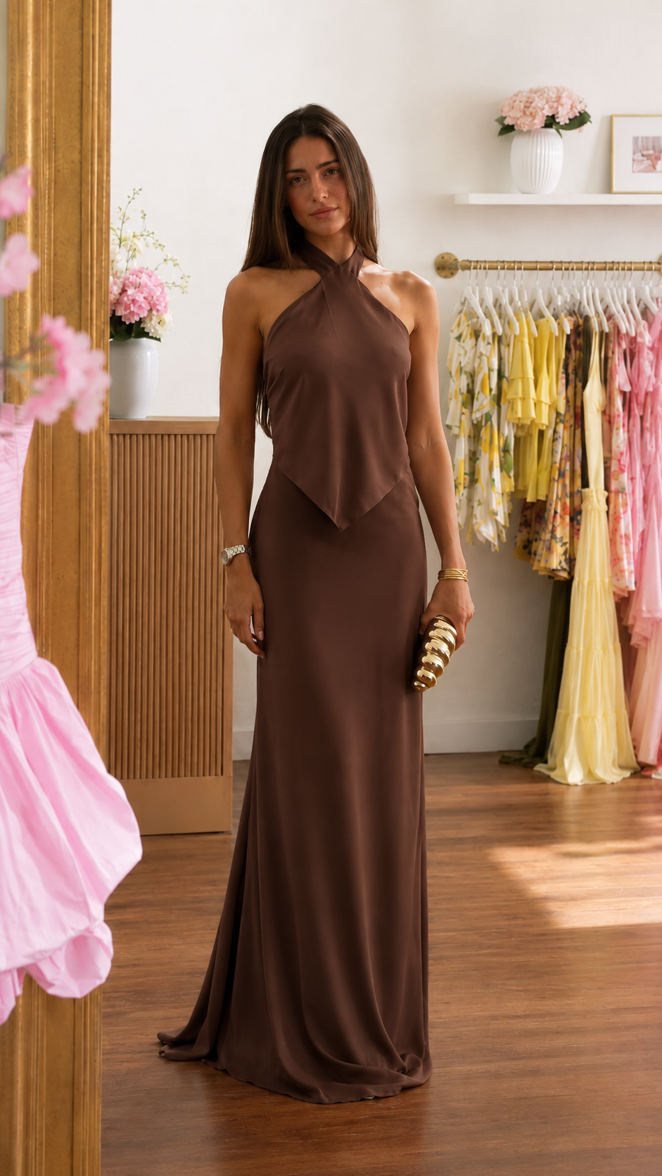 Front view of espresso brown halter neck maxi dress with elegant draped bodice