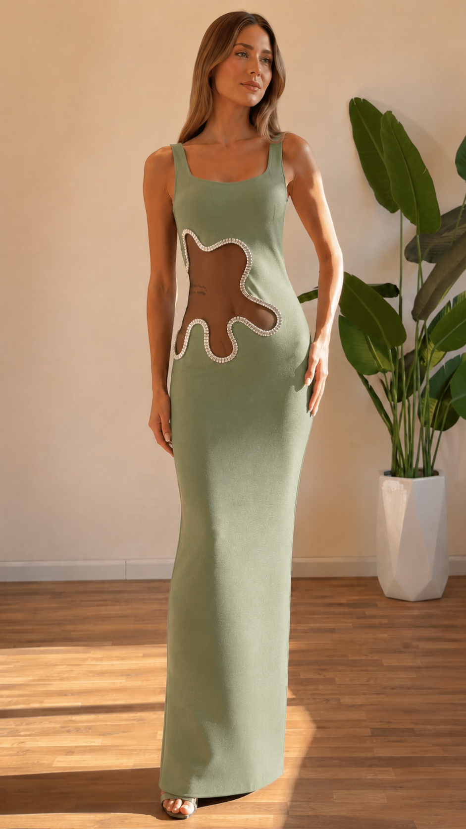 Front view of sage green square neck maxi dress with contrast-trimmed side cutout