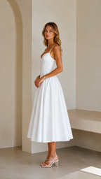 Side view of white fit and flare midi dress with sweetheart neckline