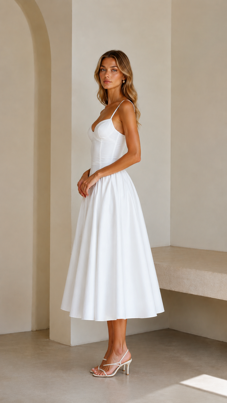 Side view of white fit and flare midi dress with sweetheart neckline