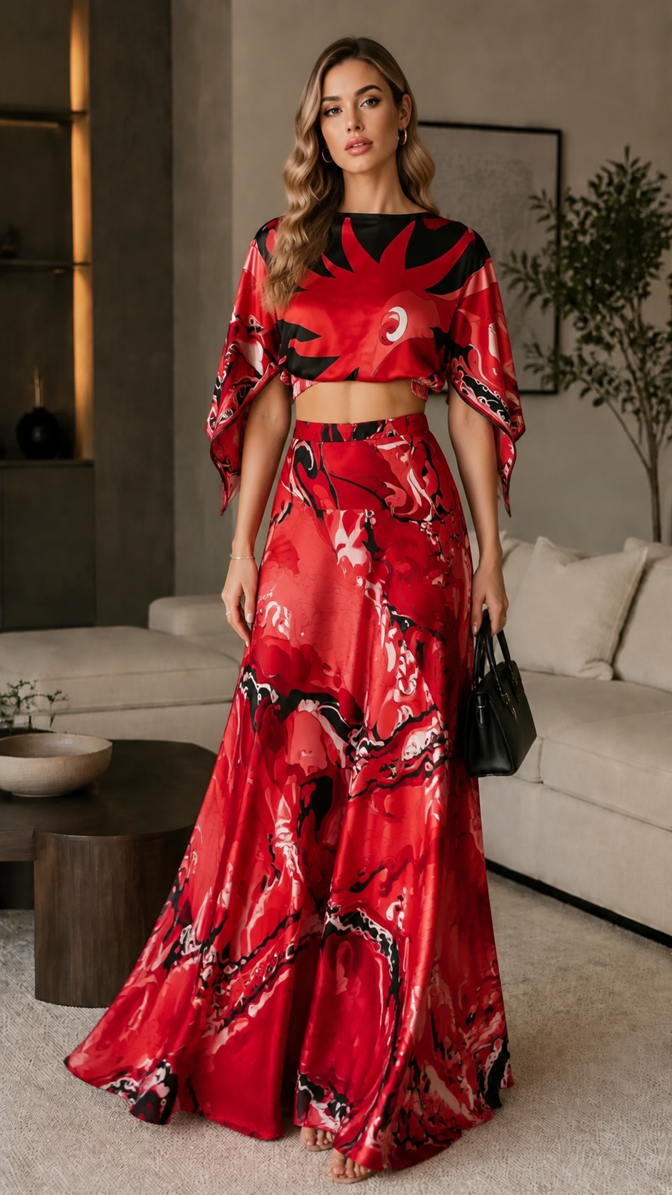 Front view of red abstract print crop top and flowing maxi skirt set