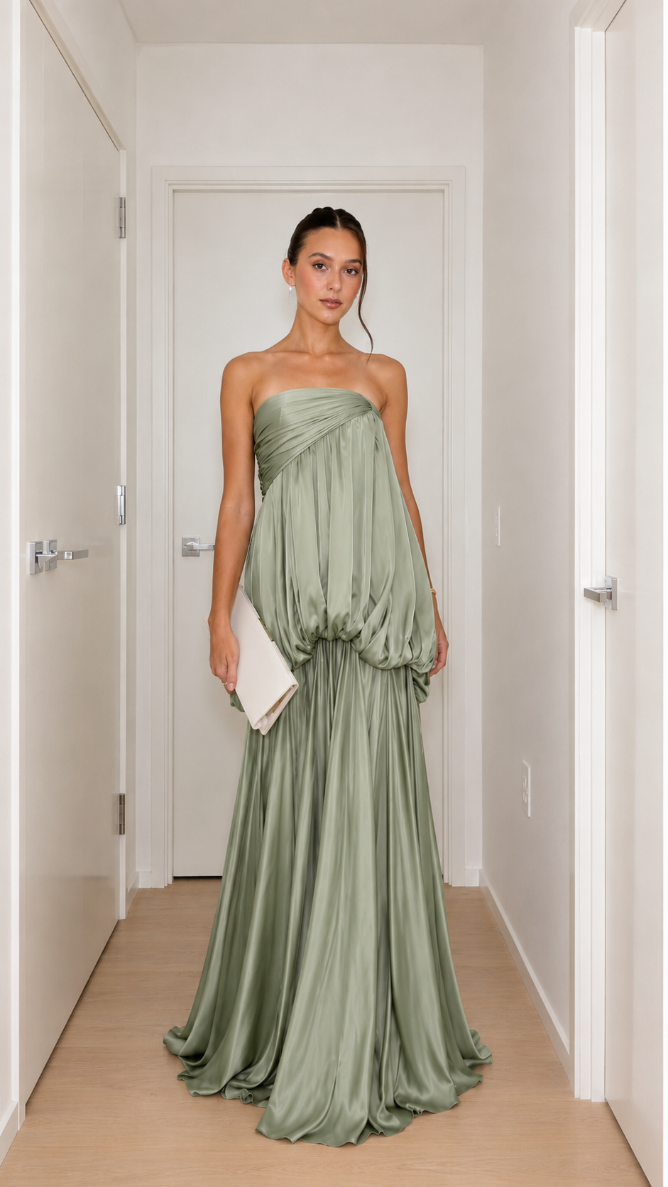 Front view of sage strapless draped bubble waist maxi gown