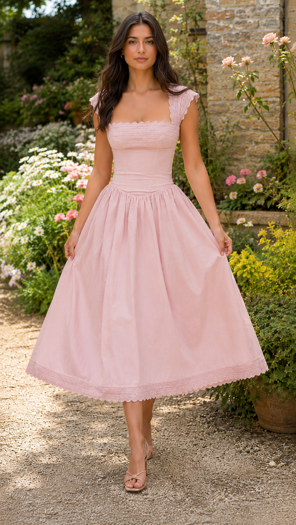 Front view of blush pink scalloped square neck midi fit and flare dress