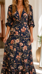 Close-up of navy floral maxi dress showing deep V neckline and waist ruching