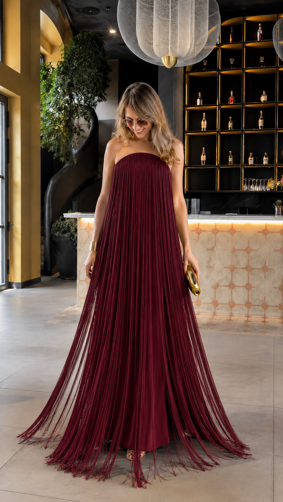 Burgundy strapless fringe maxi dress front view