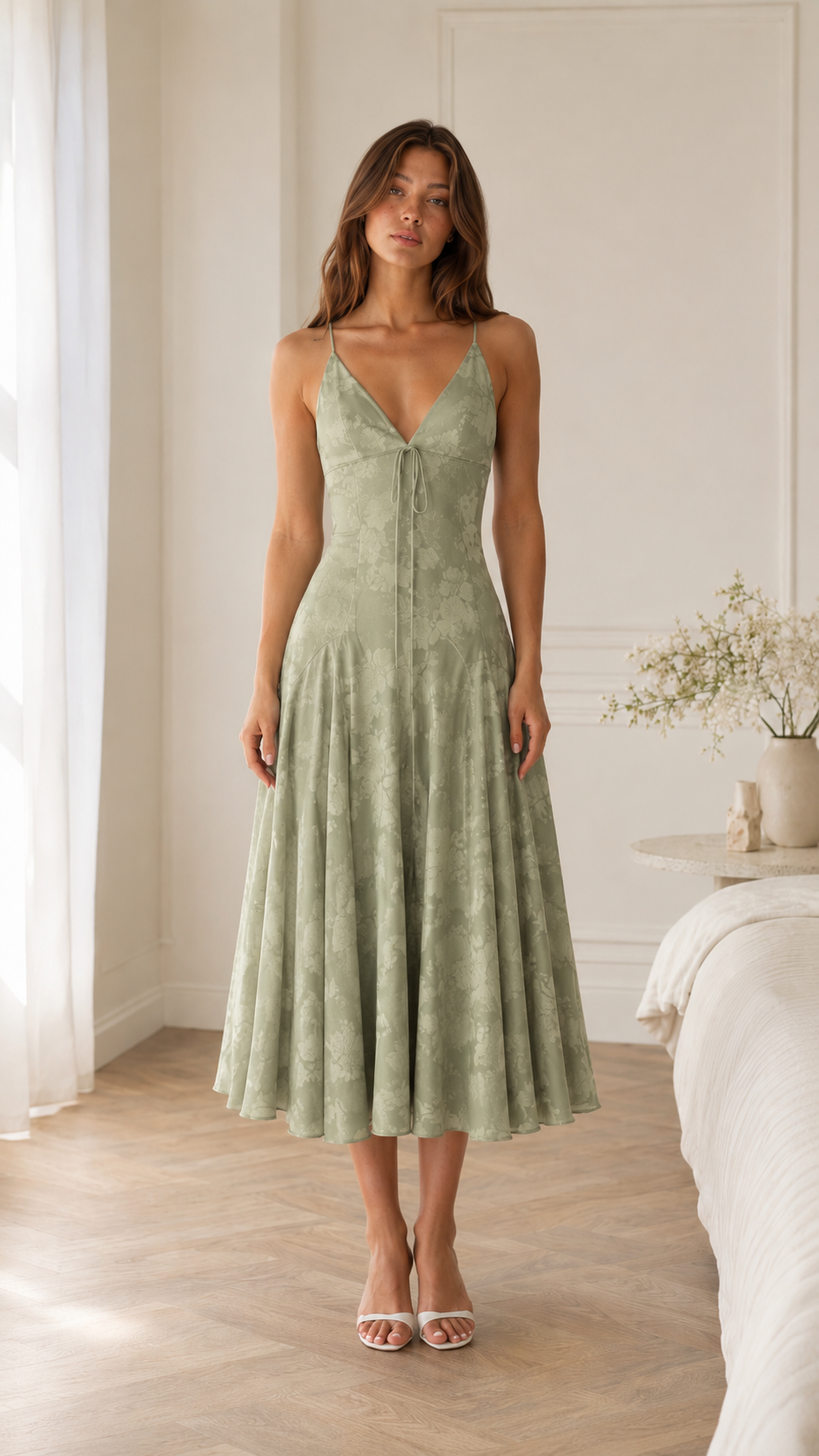 Sage green floral textured midi slip dress front view with V-neck bodice